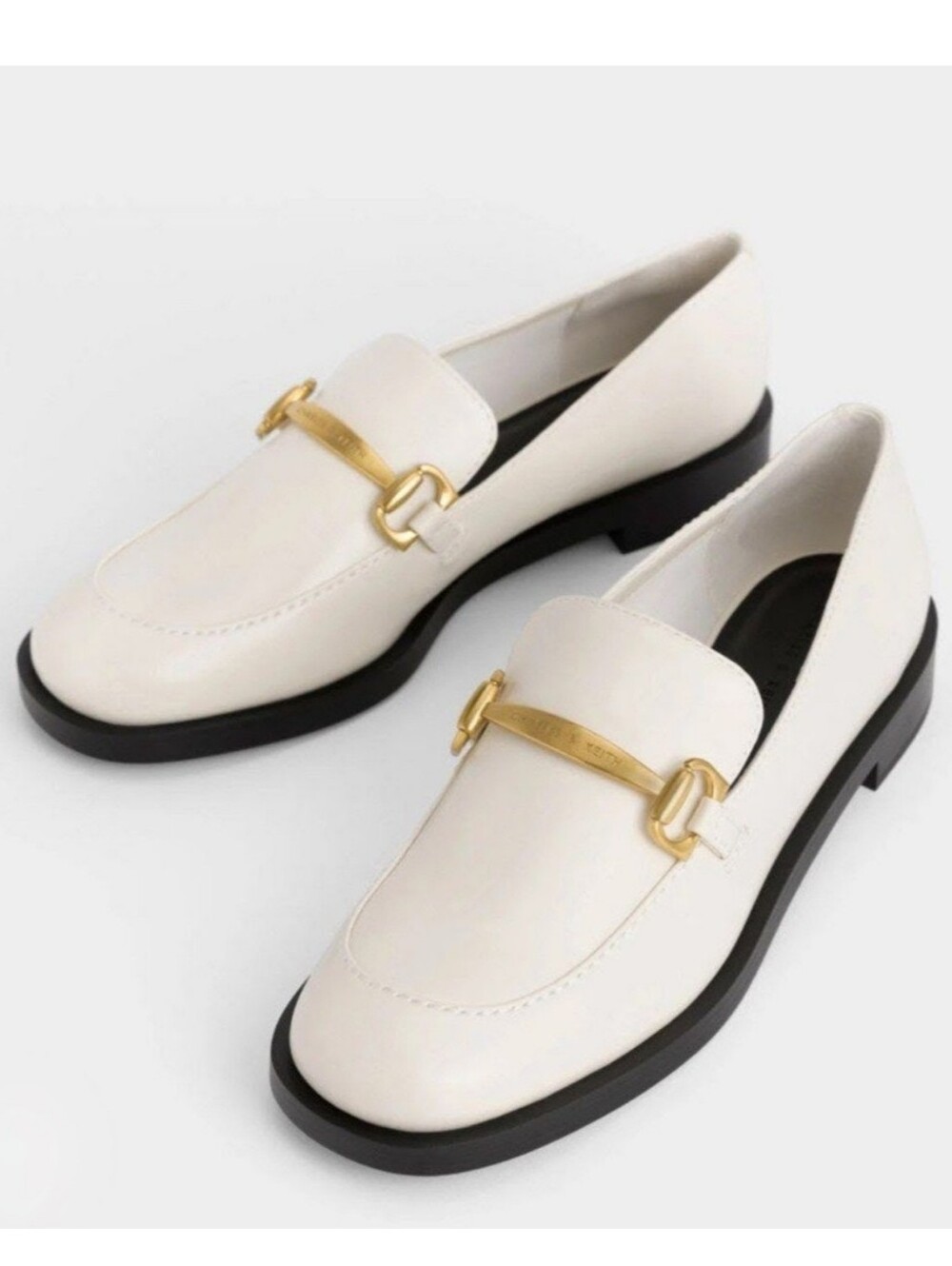 Charles & Keith Women's Metallic-Accent Loafers Slip-On Moc Toe Casual Bone 38
